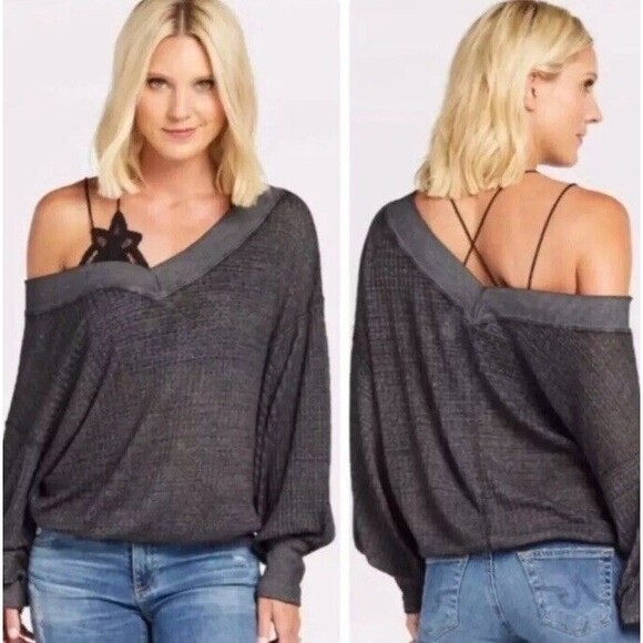 Free People South Side Thermal Top Womens Small Gray Boho Oversized Blouse - Picture 1 of 11
